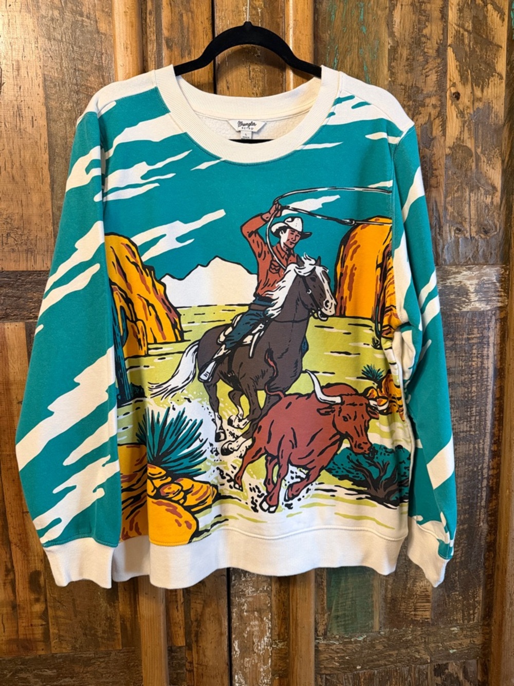 Wrangler Teal Western Graphic Crewneck with Multi-Color Scene
